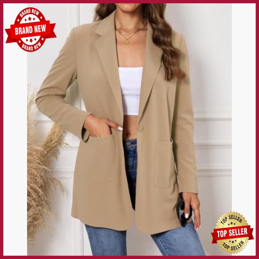 Long Boyfriend Blazer with Notched Lapel, Padded Shoulders, Side Pockets - Picture 3 of 4